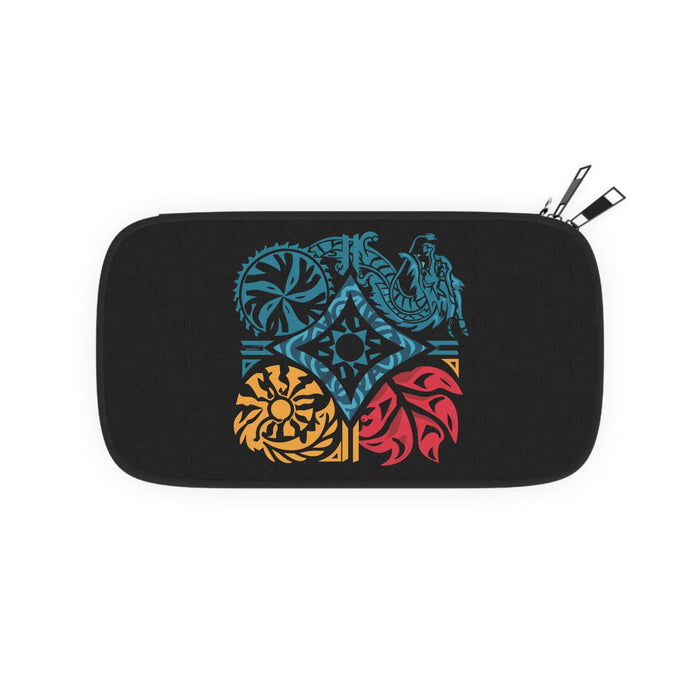 Black zippered passport wallet with multicolor dragon crest emblem on the front.