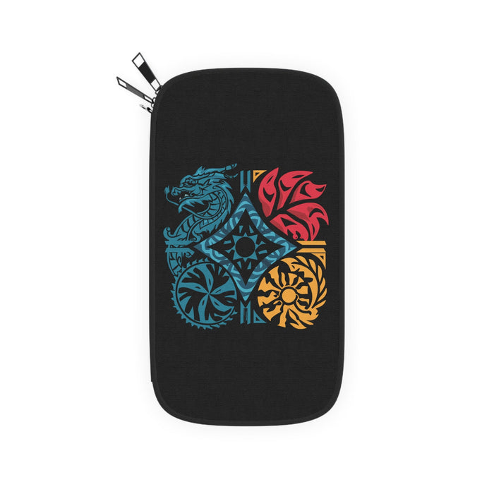 Black front zip passport case with dragon crest graphic in teal, red, and gold.
