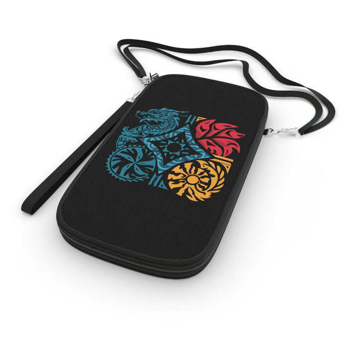 Black passport wallet with shoulder strap and multicolor dragon crest front panel.