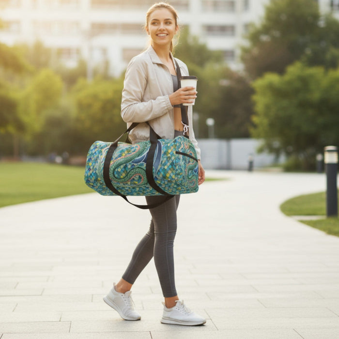 Mermaid-scale duffel bag worn on shoulder, green dragon print with black straps