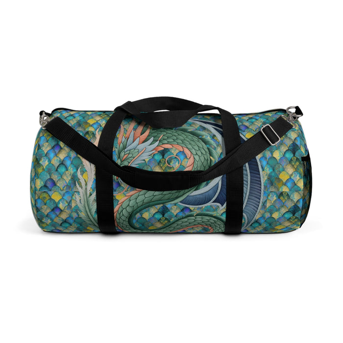 Mermaid-scale duffel bag with dragon artwork, side handle, and black carry straps