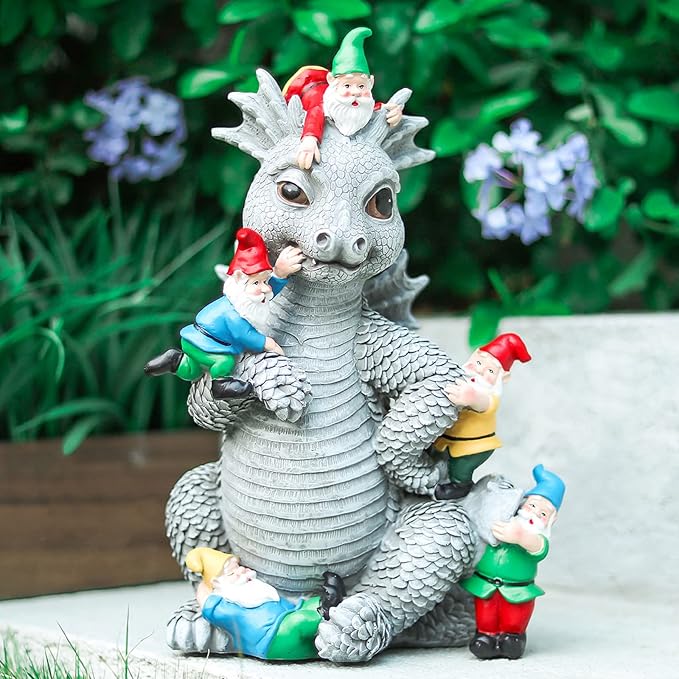 Light gray dragon gnome garden statue with gnomes on shoulders and sides