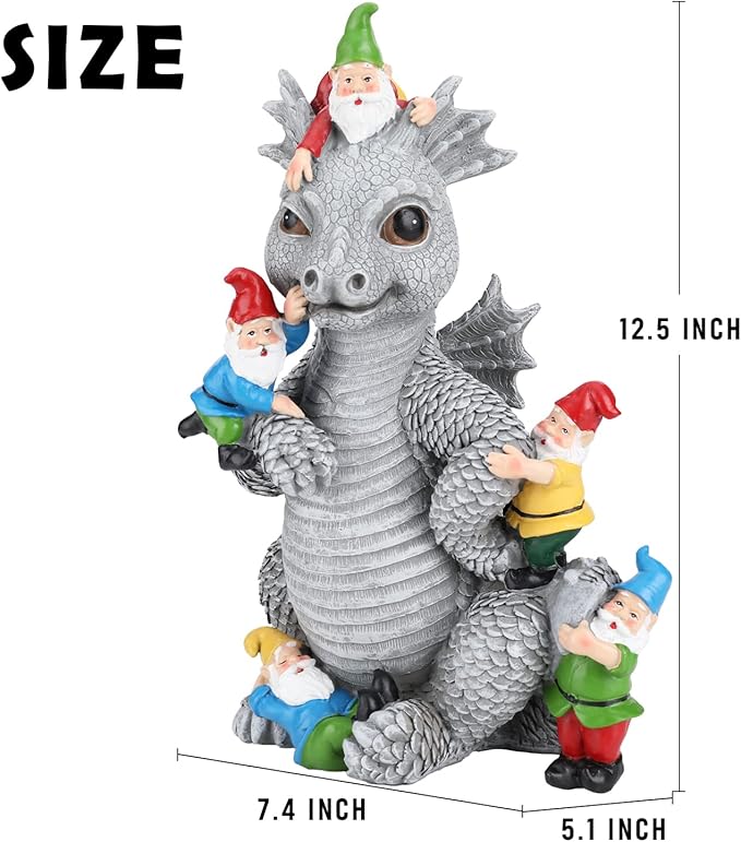 Light gray dragon gnome statue with red-capped gnomes, size shown with inches