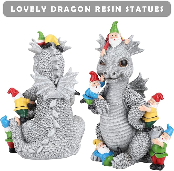 Light gray dragon gnome resin statue, back and side views with gnome figures