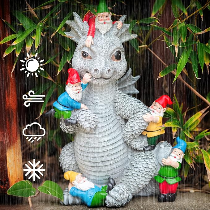 Light gray dragon gnome garden statue with red-capped gnomes hugging its scaly body