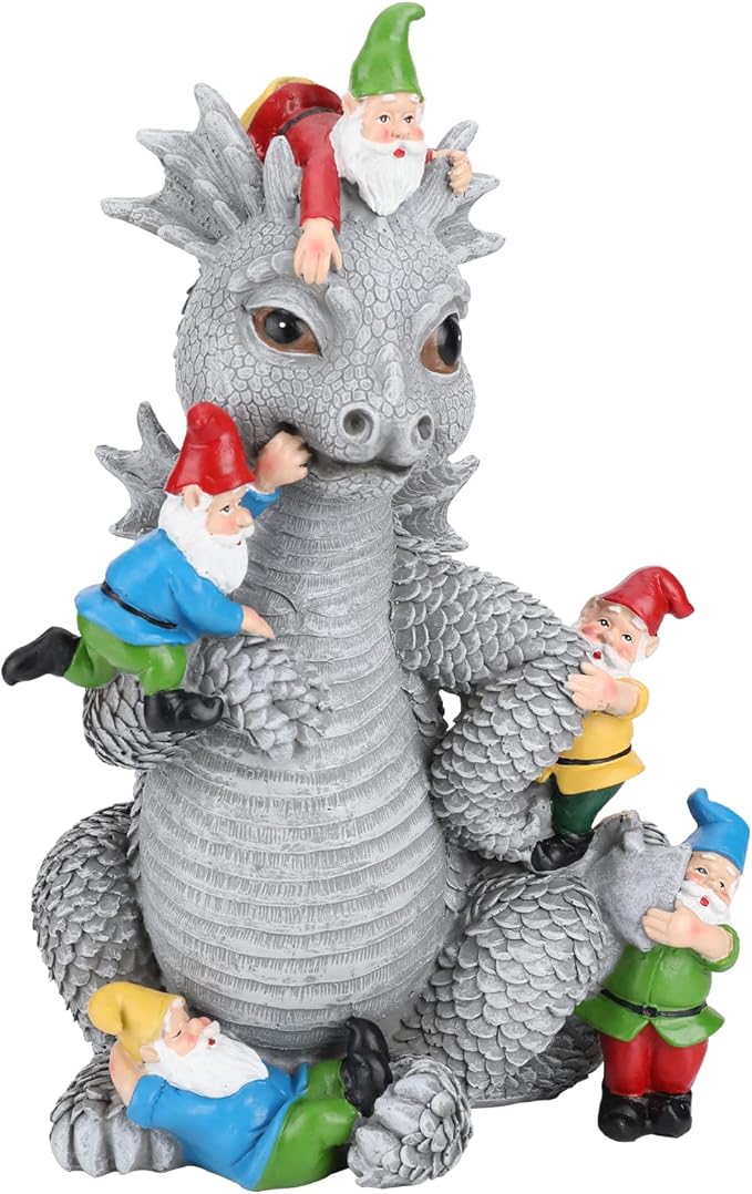 Light gray dragon gnome statue with red-capped gnomes, front three-quarter view