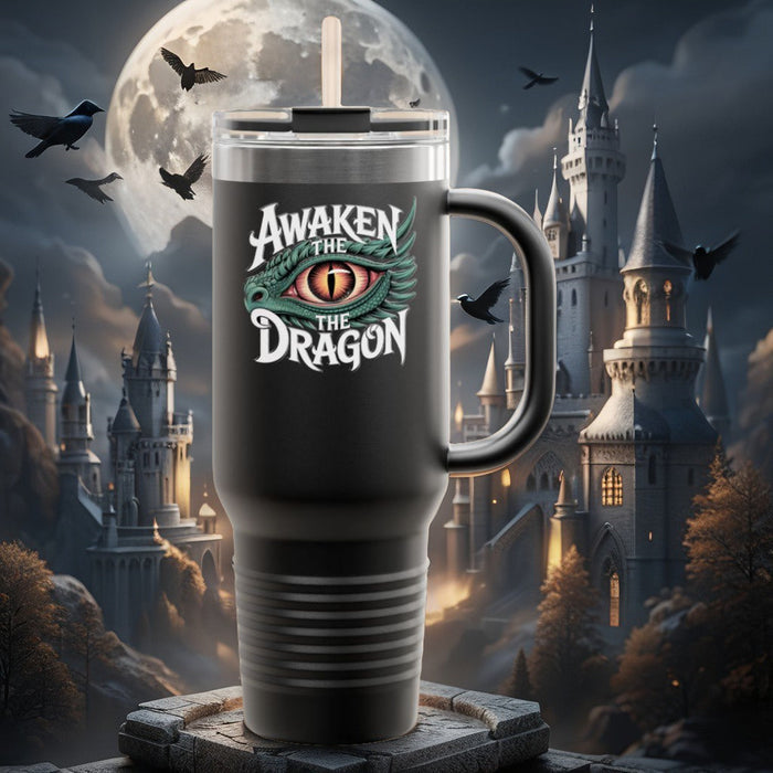 40oz insulated travel mug in dark gray with Awaken the Dragon graphic, loop handle, straw lid