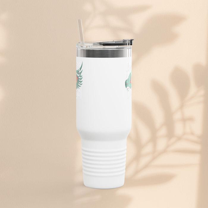 40oz insulated travel mug in white with minimal botanical accents, loop handle, straw lid