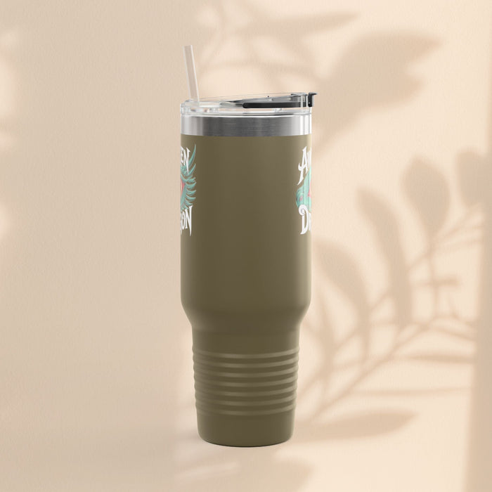 40oz insulated travel mug in olive green with botanical accents, loop handle, straw lid