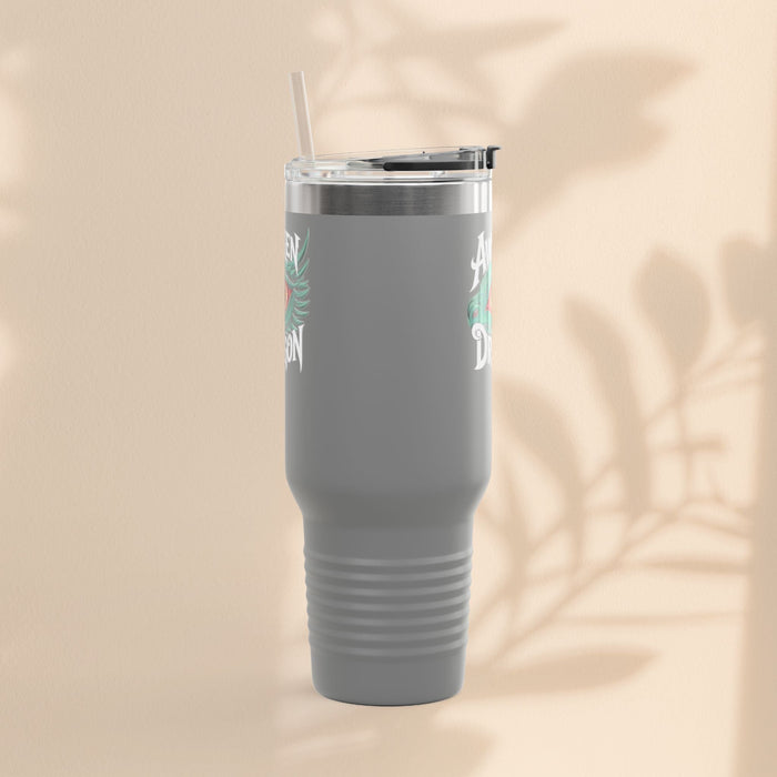 40oz insulated travel mug in dark gray with botanical accents, loop handle, straw lid
