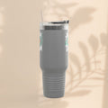 40oz insulated travel mug in dark gray with botanical accents, loop handle, straw lid