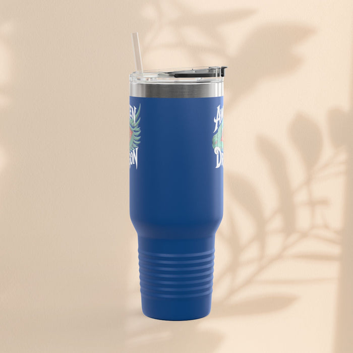 40oz insulated travel mug in royal blue with botanical accents, loop handle, straw lid