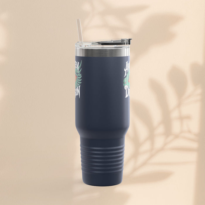 40oz insulated travel mug in deep navy with botanical accents, loop handle, straw lid