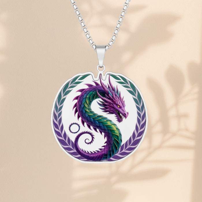 Dragon Pendant Necklace - Purple Green Fantasy Dragon on 18 Inch Chain, Engraved Stainless Steel Gold or Sterling Silver Dragon Gift