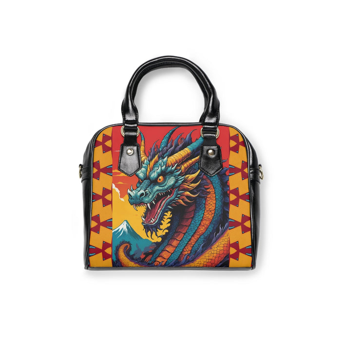 Dragon themed handbag with black top handles and colorful blue and red dragon art