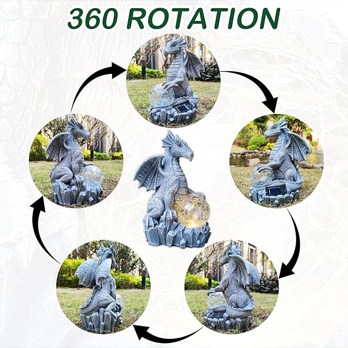 Blue dragon solar garden statue with glowing orb, shown from multiple rotating angles