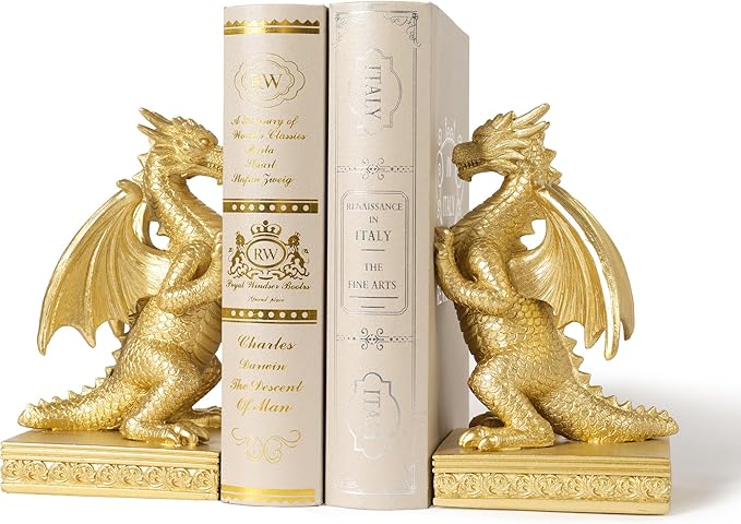 Gold dragon bookends with two dragon statues and decorative book spines