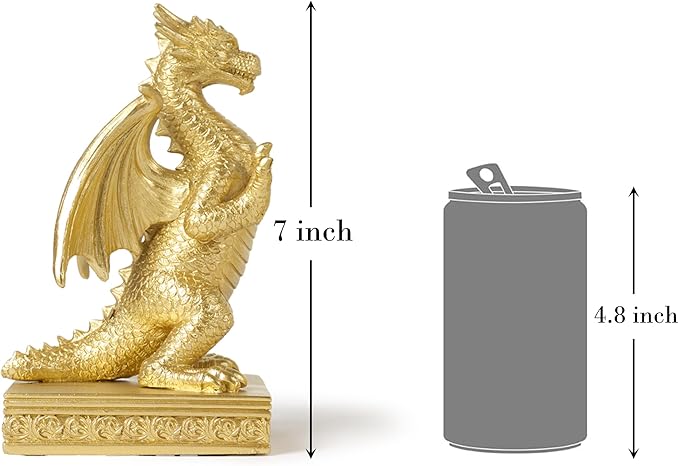Gold dragon bookend statue, 7 in tall, beside size-marked canister