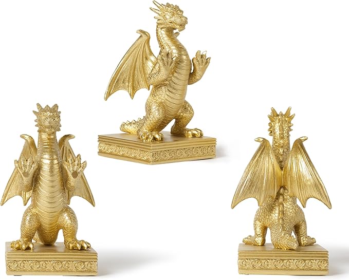 Gold dragon bookend set with one tall and two small dragon statues