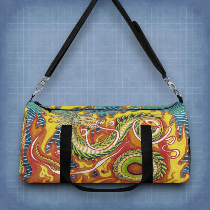 Swirl-pattern duffel bag with black shoulder straps and front pocket bands.
