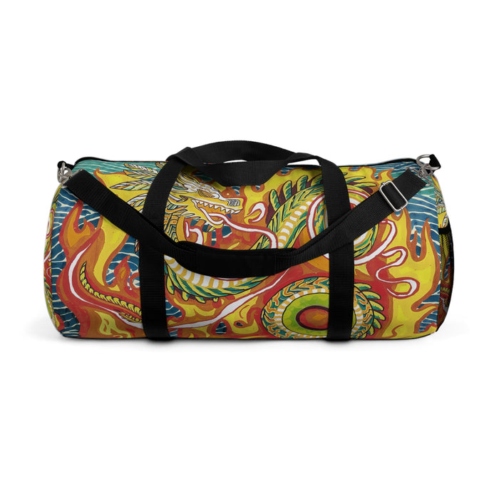 Swirl-pattern weekender duffel with black crossbody strap and end zipper details.