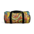 Swirl-pattern duffel bag with black strap and rounded end profile.