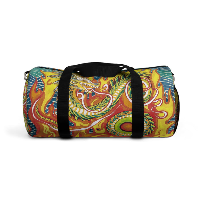 Swirl-pattern duffel bag with black strap and rounded end profile.