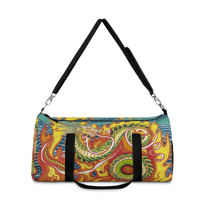 Swirl-pattern duffel bag with black shoulder straps and front tie-like webbing.
