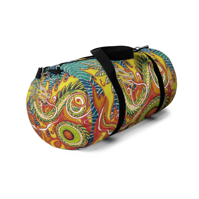 Swirl-pattern duffel bag shown at an angled side view with black strap.