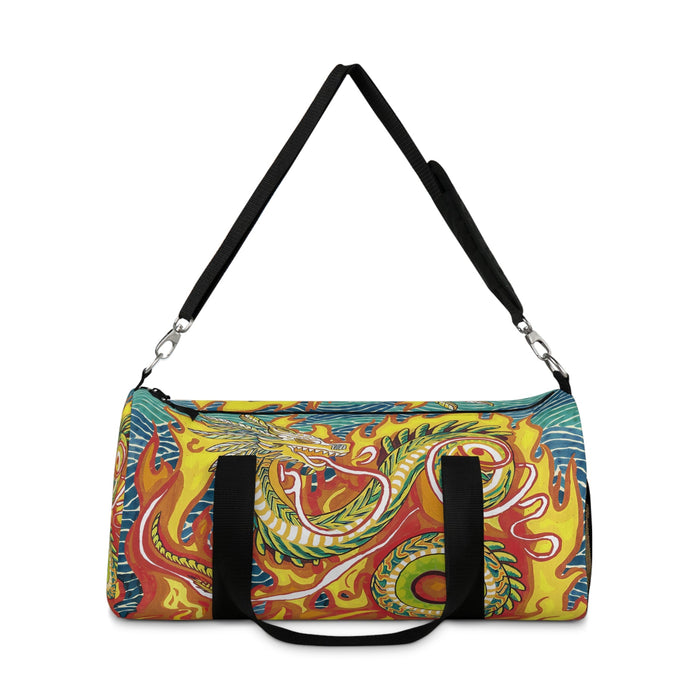 Swirl-pattern duffel bag with black shoulder straps and two front pocket straps.