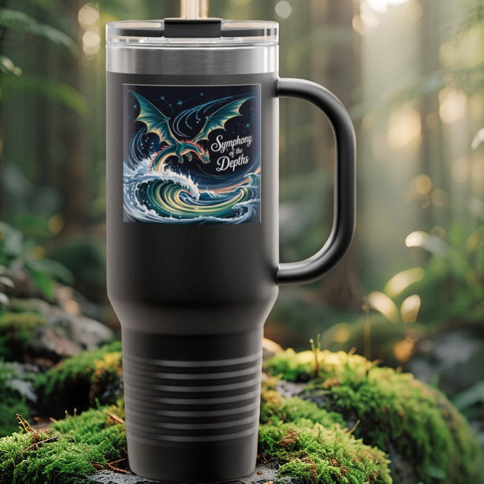40oz insulated travel mug, black tumbler with dragon ocean graphic and side handle