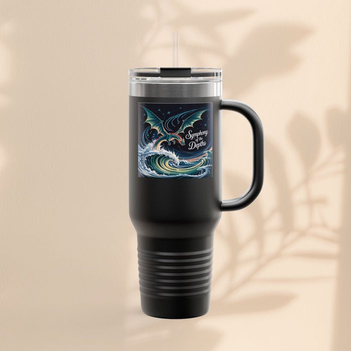 40oz insulated travel mug, black tumbler with dragon ocean graphic and clear lid