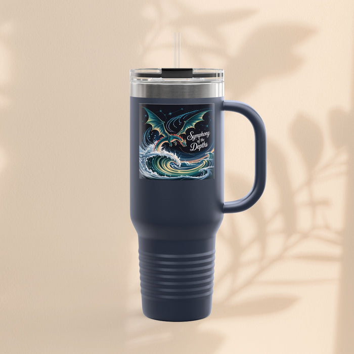 40oz insulated travel mug, black tumbler with dragon ocean graphic and carry handle