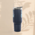 40oz insulated travel mug, dark tumbler with dragon ocean print, side view and clear lid