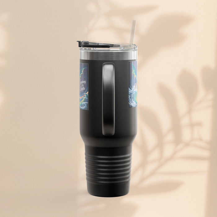 40oz insulated travel mug, dark tumbler with integrated carry grip and clear lid