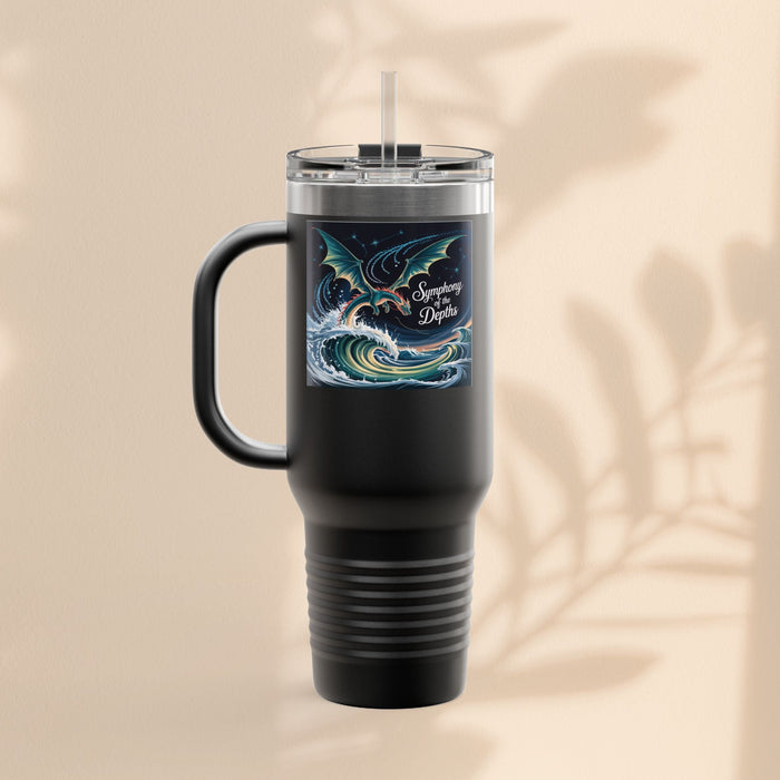 40oz insulated travel mug, black tumbler with dragon ocean graphic, straw and handle