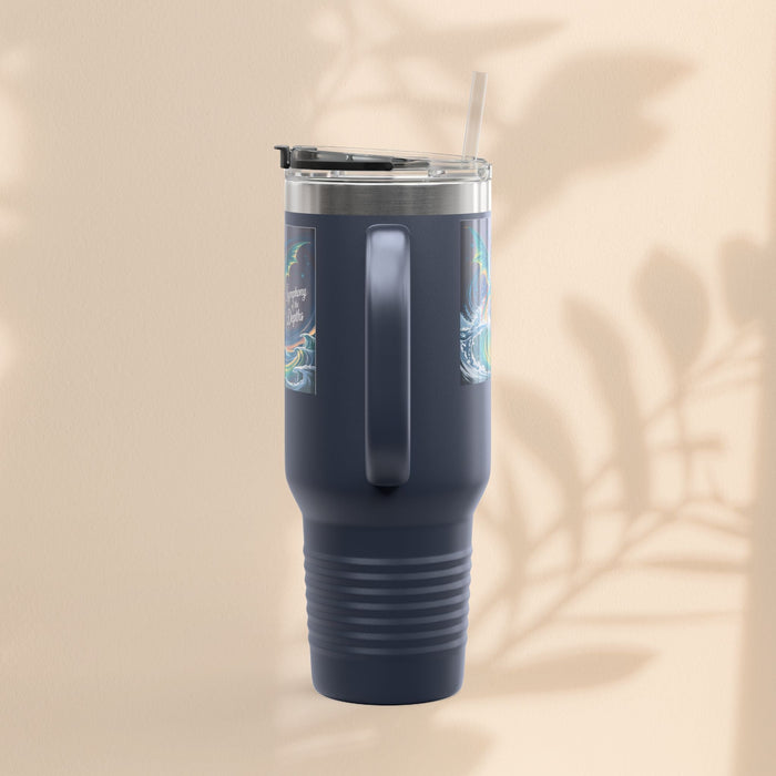 40oz insulated travel mug, dark tumbler with clear straw lid and carry grip