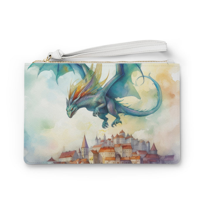 Dragon Watching Over Us Clutch Bag - Watercolor Dragon Over Fairy-Tale Town Wristlet in Saffiano PU Leather, Dragon Protection Gift for Her