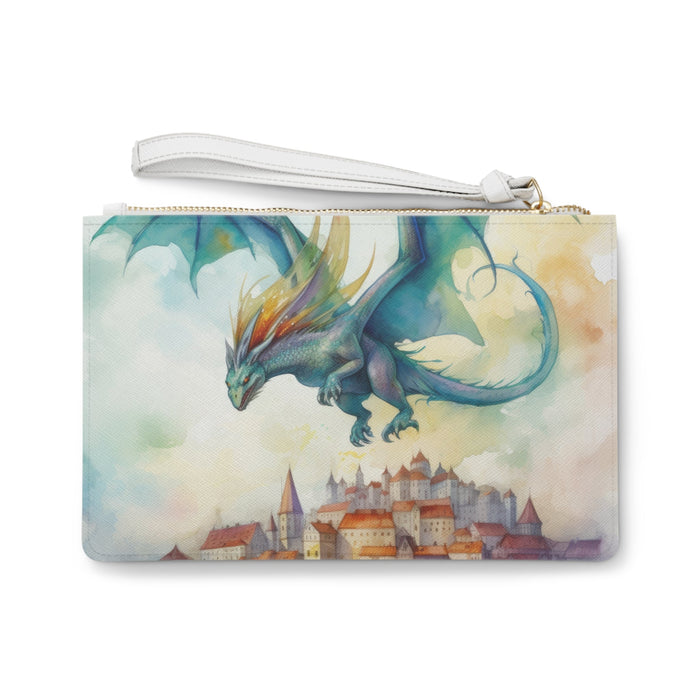 Dragon Watching Over Us Clutch Bag - Watercolor Dragon Over Fairy-Tale Town Wristlet in Saffiano PU Leather, Dragon Protection Gift for Her