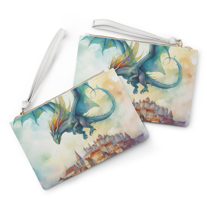 Dragon Watching Over Us Clutch Bag - Watercolor Dragon Over Fairy-Tale Town Wristlet in Saffiano PU Leather, Dragon Protection Gift for Her