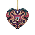 Heart-shaped ceramic ornament with two dragon heads and wedding rings, gold hanging cord