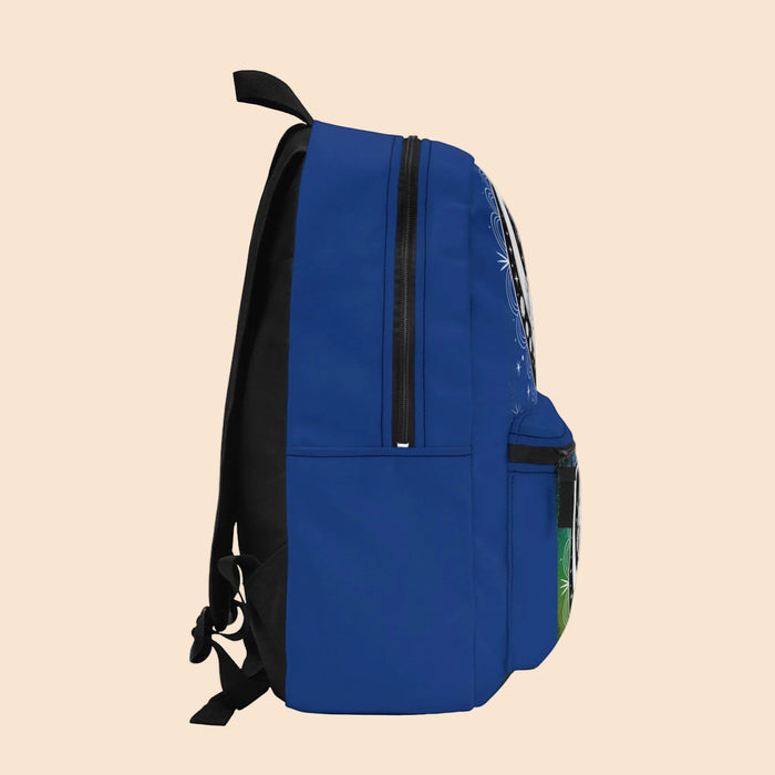 Blue dragon yin-yang backpack back view with black adjustable straps