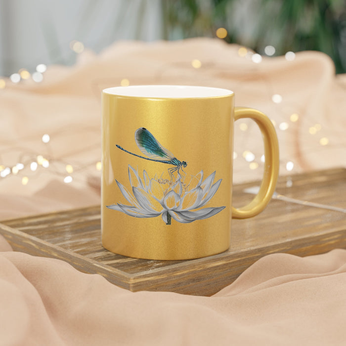 Metallic gold mug with dragonfly and lotus artwork, glossy finish, round handle