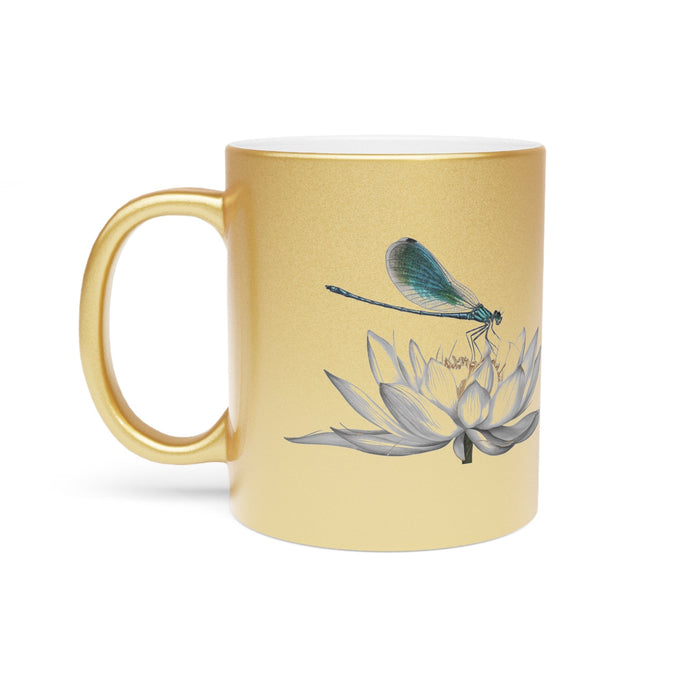Metallic gold mug with dragonfly and lotus illustration, curved handle