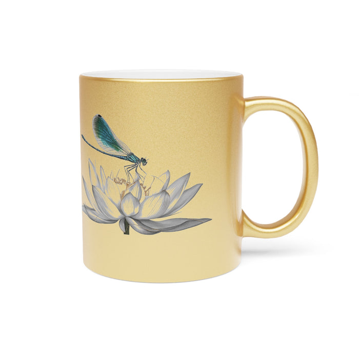 Metallic gold mug with dragonfly and lotus illustration, round handle