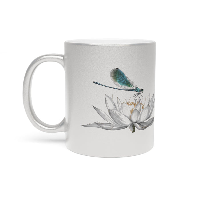 Metallic silver mug with dragonfly and lotus print, round handle