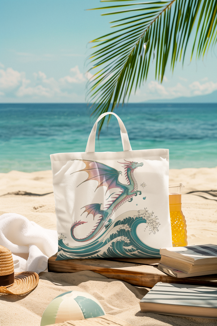 White tote bag with dragon and teal ocean waves graphic, white handles