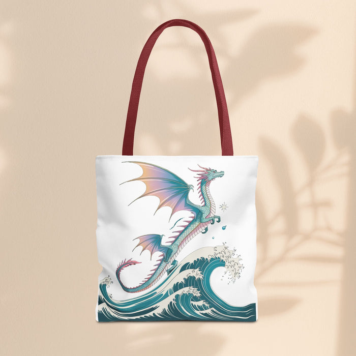 White tote bag with dragon and teal ocean waves, burgundy red carry straps