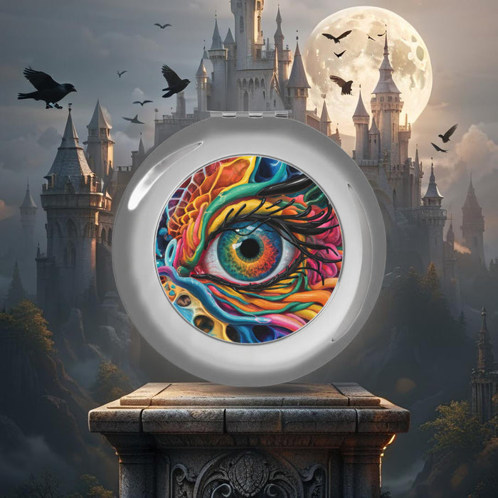 Silver glossy compact mirror standing on a base, round dragon-eye artwork on lid