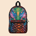Dragon-scaled backpack with teal dragon face art, black band, and front tie detail